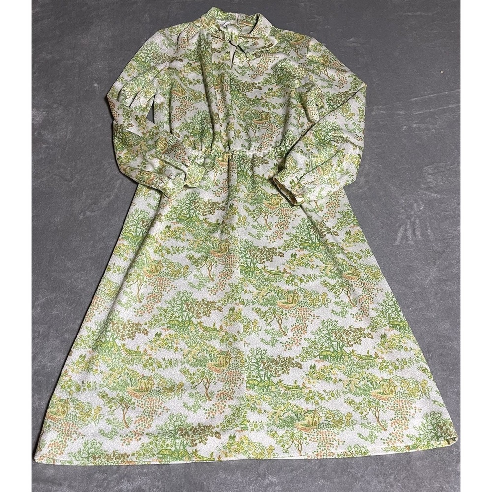 Vintage Alison Ayres Dress Womens Small Green Floral Tree Tie Neck 70s Midi‎